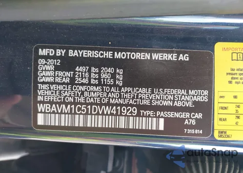 2013 BMW X1 Sdrive28I from USA, damaged, VIN WBAVM1C51DVW41929